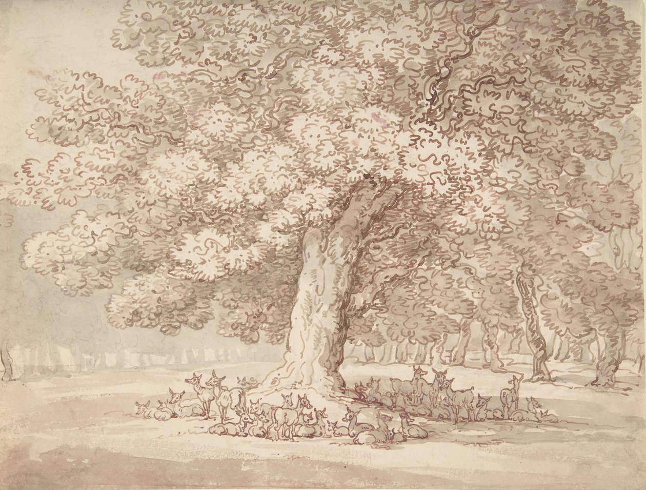 Rebanho de veados sob um carvalho, 1775-1827. de Thomas Rowlandson