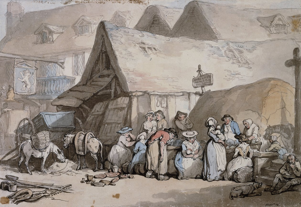 Honiton, Devon: sapatos e chapéus à venda fora do Lion Inn, de Thomas Rowlandson