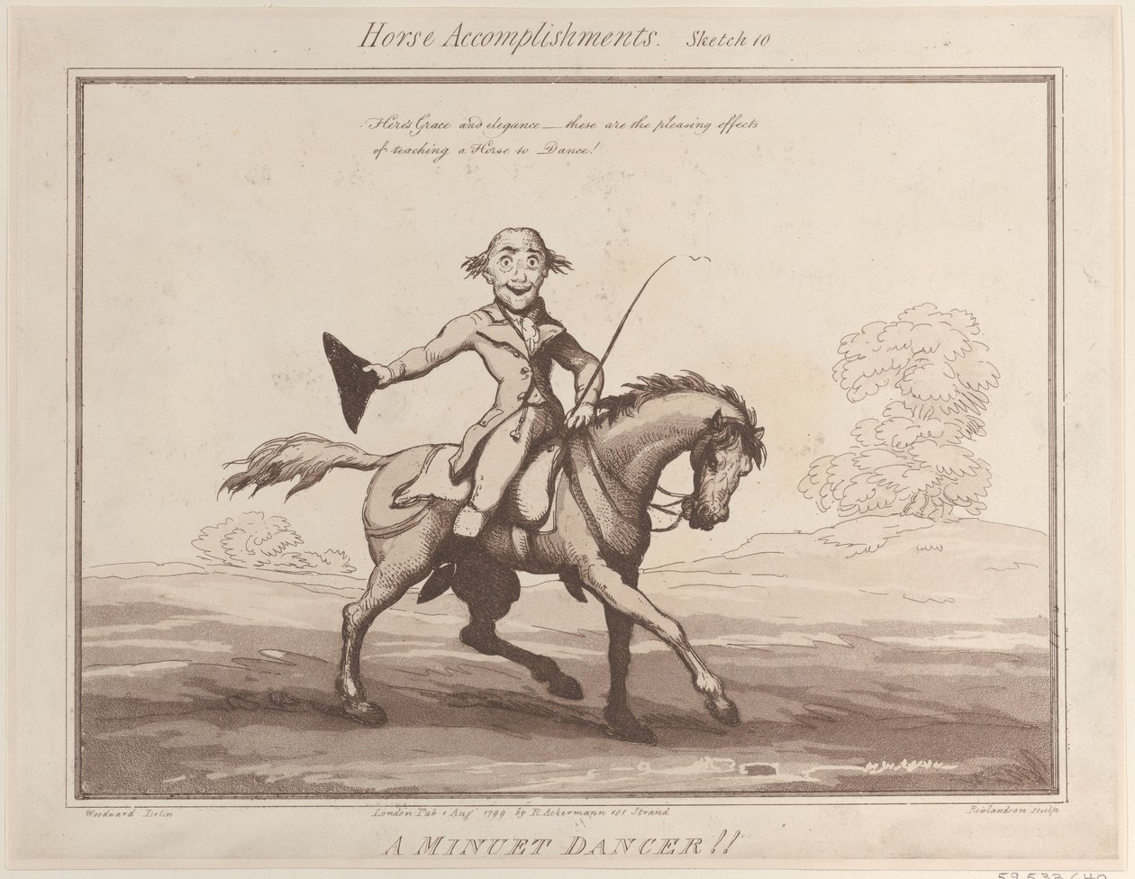 Realizações do cavalo, Sketch 10: A Minuet Dancer !!, 1 de agosto de 1799., 1 de agosto de 1799. de Thomas Rowlandson