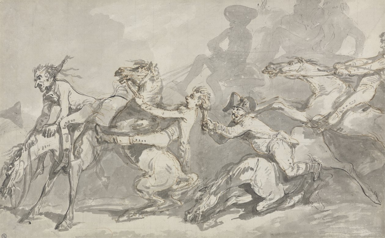 Horsemen Colliding, c.1785-90 (caneta e tinta com lavagem marrom no papel) de Thomas Rowlandson