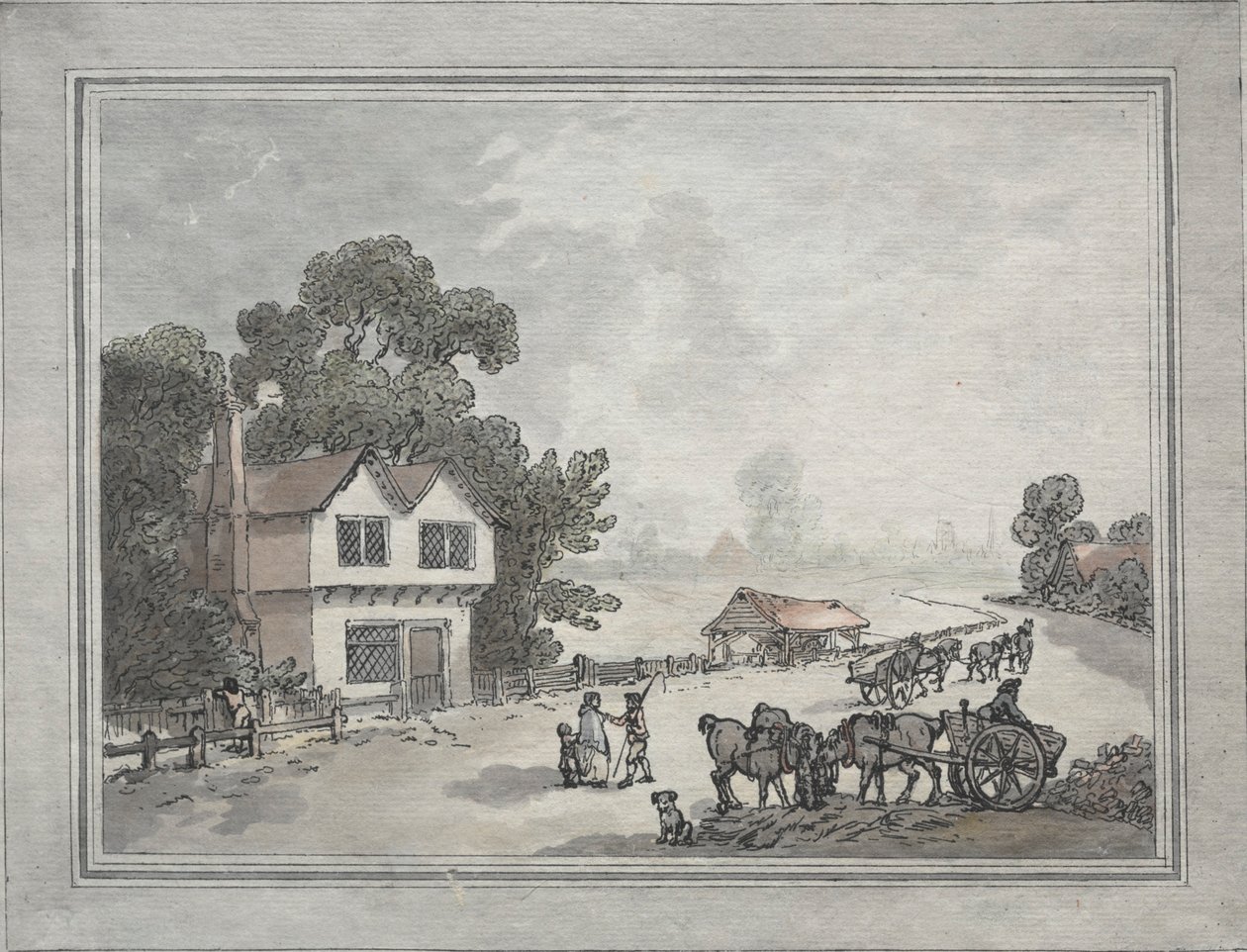Cavalos e carroças numa estrada rural de Thomas Rowlandson