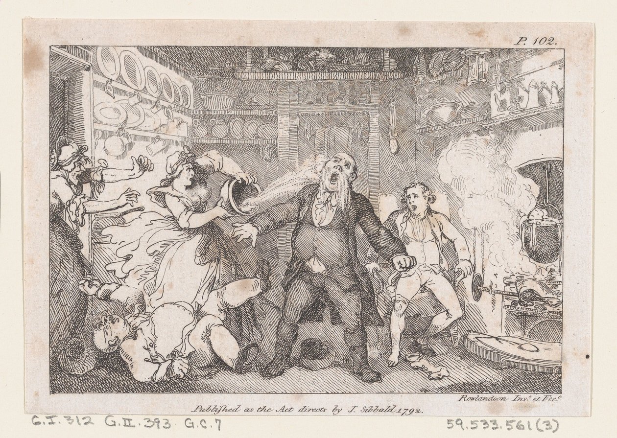 Hostess descarrega uma panela de sangue no rosto de Parson Andrews, de The Adventures of..., 1792. de Thomas Rowlandson