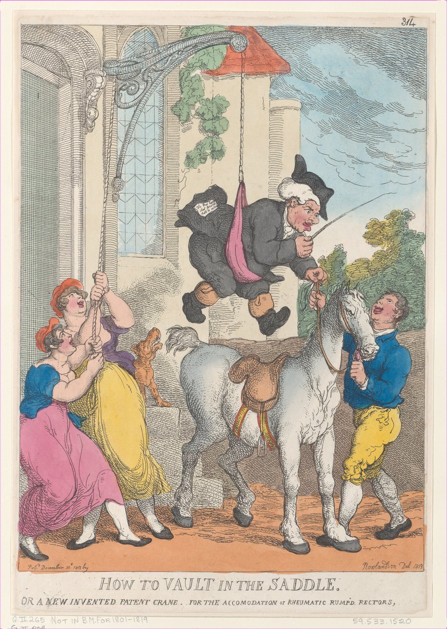 Como Vault in the Saddle or a New Invented Patent Crane for the Accommodation..., 30 de dezembro de 1813. de Thomas Rowlandson