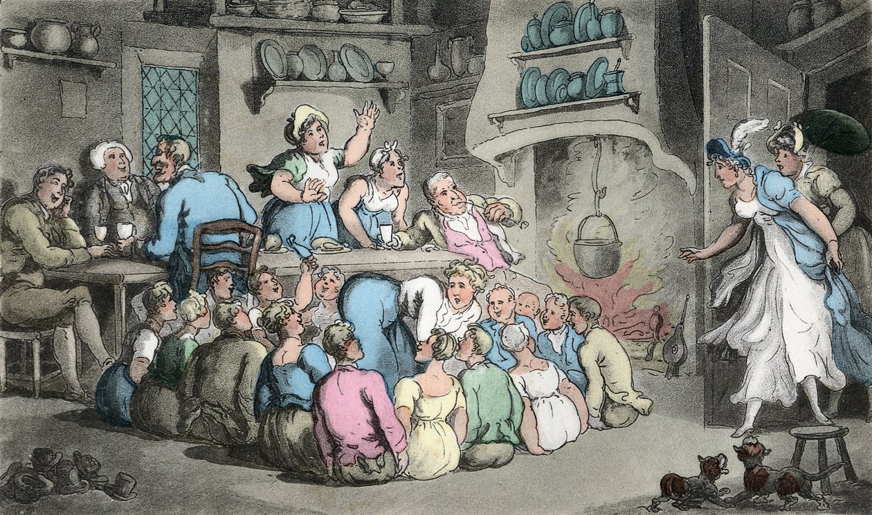 Caçando o deslizador, ilustração "do vigário de Wakefield" por Oliver Goldsmith, bar. Ackermann, 1817 (gravura colorida à mão) de Thomas Rowlandson