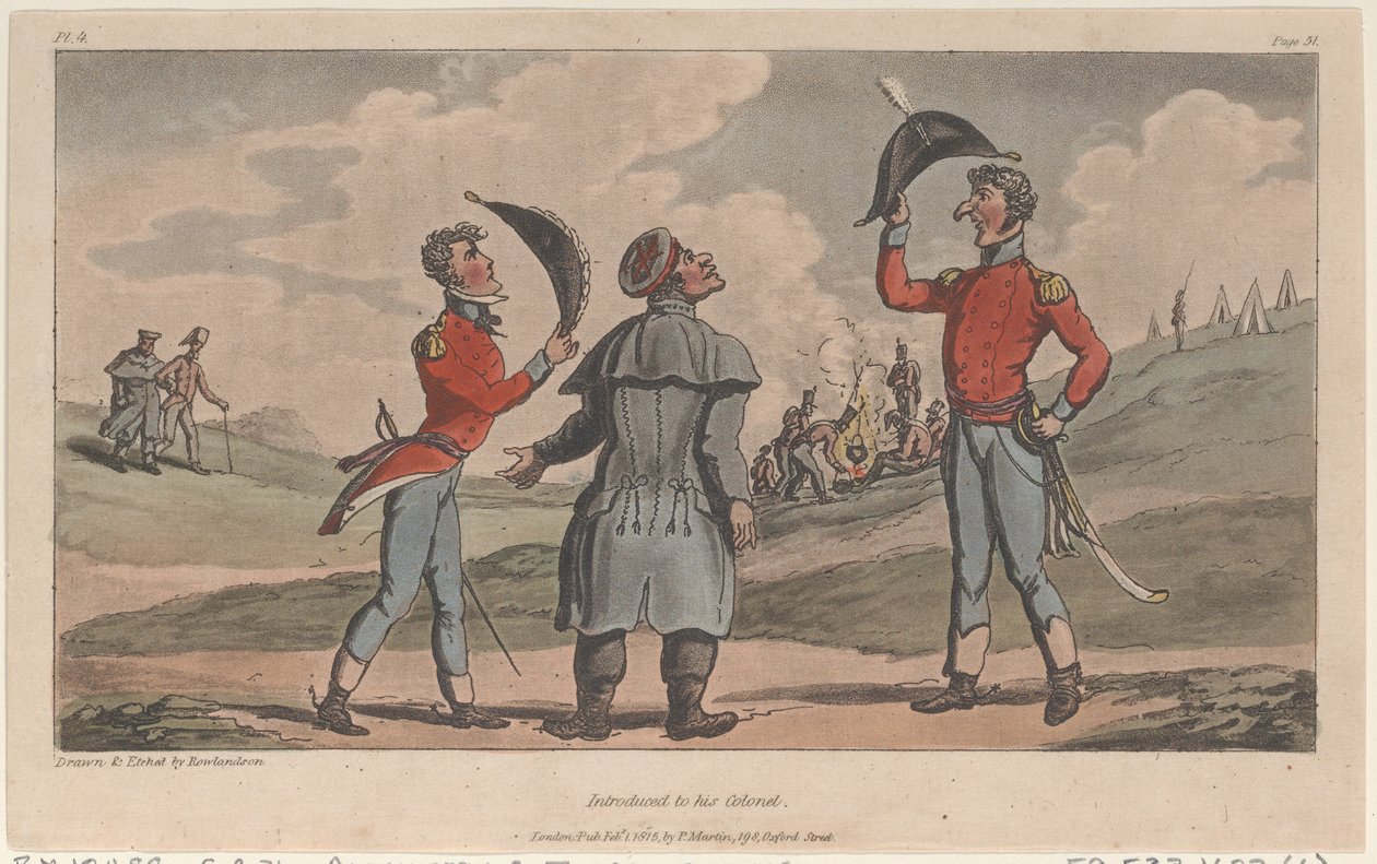 Apresentado ao seu Coronel, de The Military Adventures of Johnny Newcome, 1815., 1815. de Thomas Rowlandson