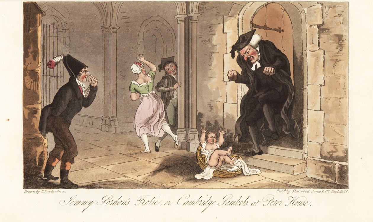 James Gordon, um notório bêbado de Cambridge, deixando um bebê como uma brincadeira na frente da casa de um reitor universitário. Jemmy Gordon