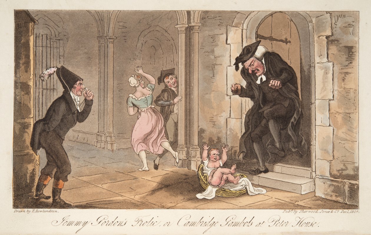Jemmy Gordons Frolic, ou Cambridge Gambols na Peter House, do The English Spy, pub. 1824 (gravura colorida à mão) de Thomas Rowlandson