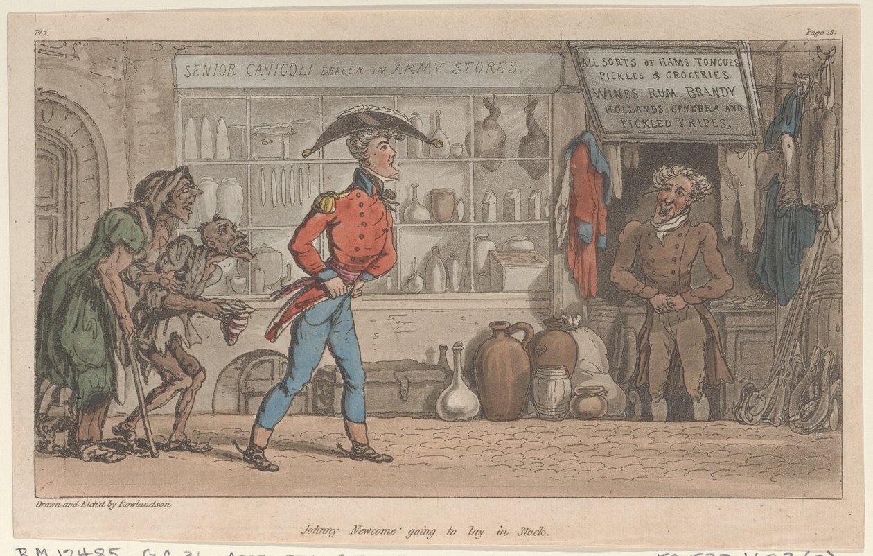 Johnny Newcome vai deitar em Stock, de The Military Adventures of Johnny Newcome, 1815., 1815. de Thomas Rowlandson
