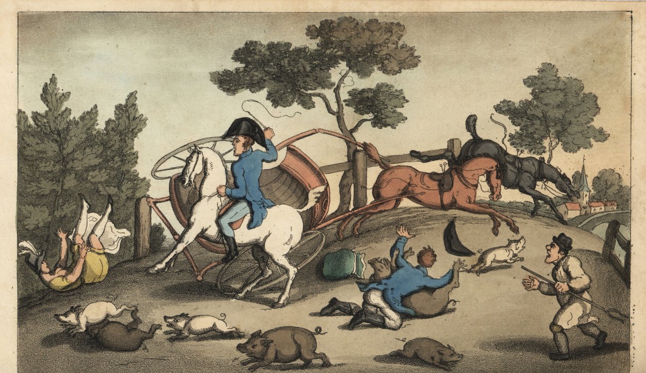 O Johnny e uma Lady fazem um concerto numa manada de porcos. Gravura em chapa de cobre colorida à mão por W. Leia depois de uma ilustração de Thomas Rowlandson de The Adventures of Johnny Newcombe de Alfred Burton na Marinha, Simpkin, Londres de Thomas Rowlandson