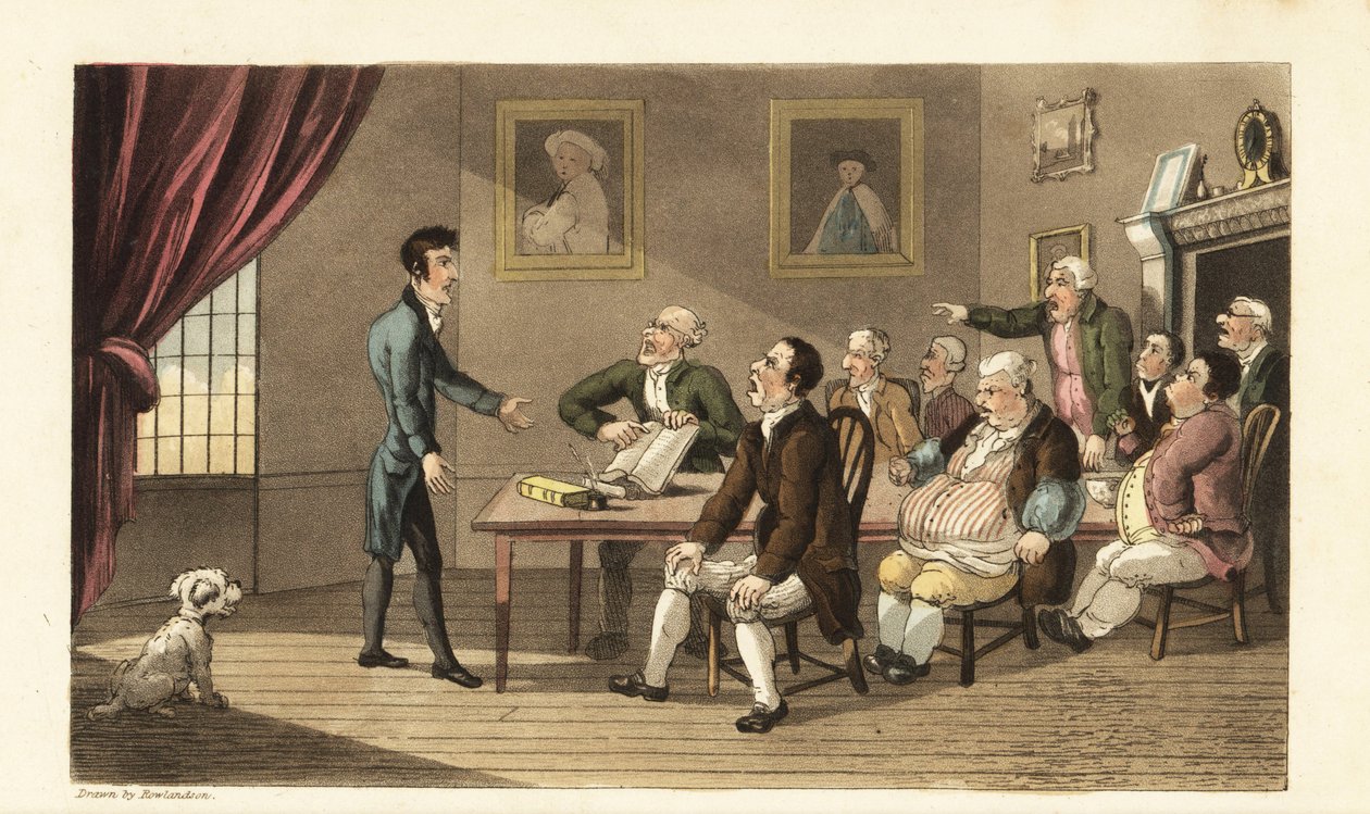 Johnny e os seus credores. O pobre cavalheiro enfrenta uma sala cheia de comerciantes e lojistas exigindo o pagamento das suas dívidas. Gravura em chapa de cobre colorida à mão de Thomas Rowlandson de A História de Johnny Quae Genus de William Combe, o Peq de Thomas Rowlandson