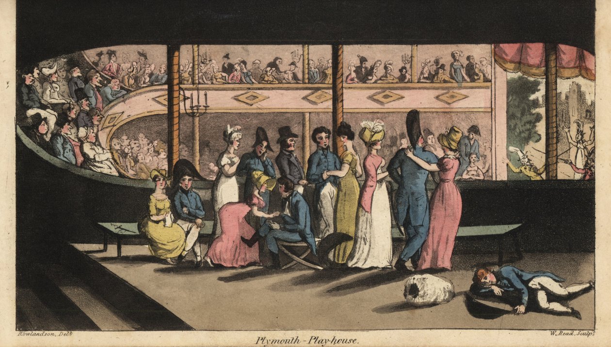 Johnny e outros aspirantes à meia-nau em terra esperam uma peça no Plymouth Playhouse. Gravura em chapa de cobre colorida à mão por W. Leia depois de uma ilustração de Thomas Rowlandson de The Adventures of Johnny Newcombe, de Alfred Burton na Marinha, Sim de Thomas Rowlandson