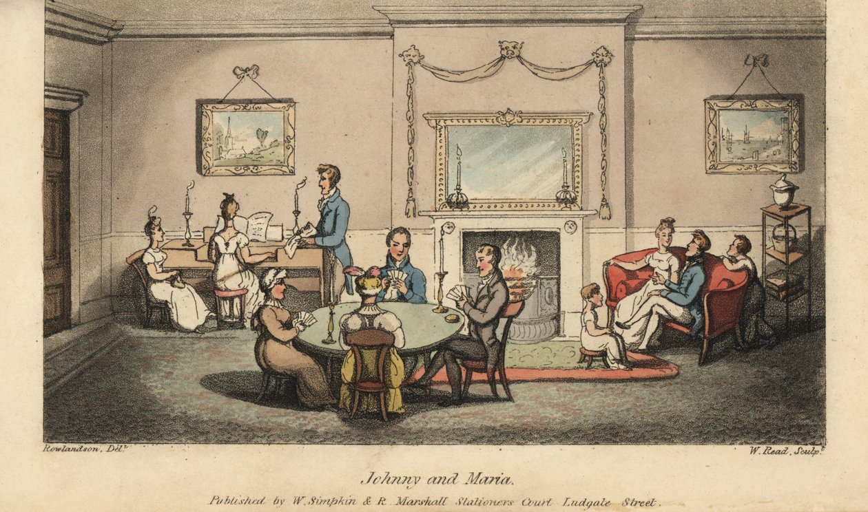 Johnny cortejando Maria numa sala de estar enquanto outros jogam cartas e cantam canções em frente ao coração. Gravura em chapa de cobre colorida à mão por W. Leia depois de uma ilustração de Thomas Rowlandson de As Aventuras de Johnny Newcombe na Marinha, de Thomas Rowlandson