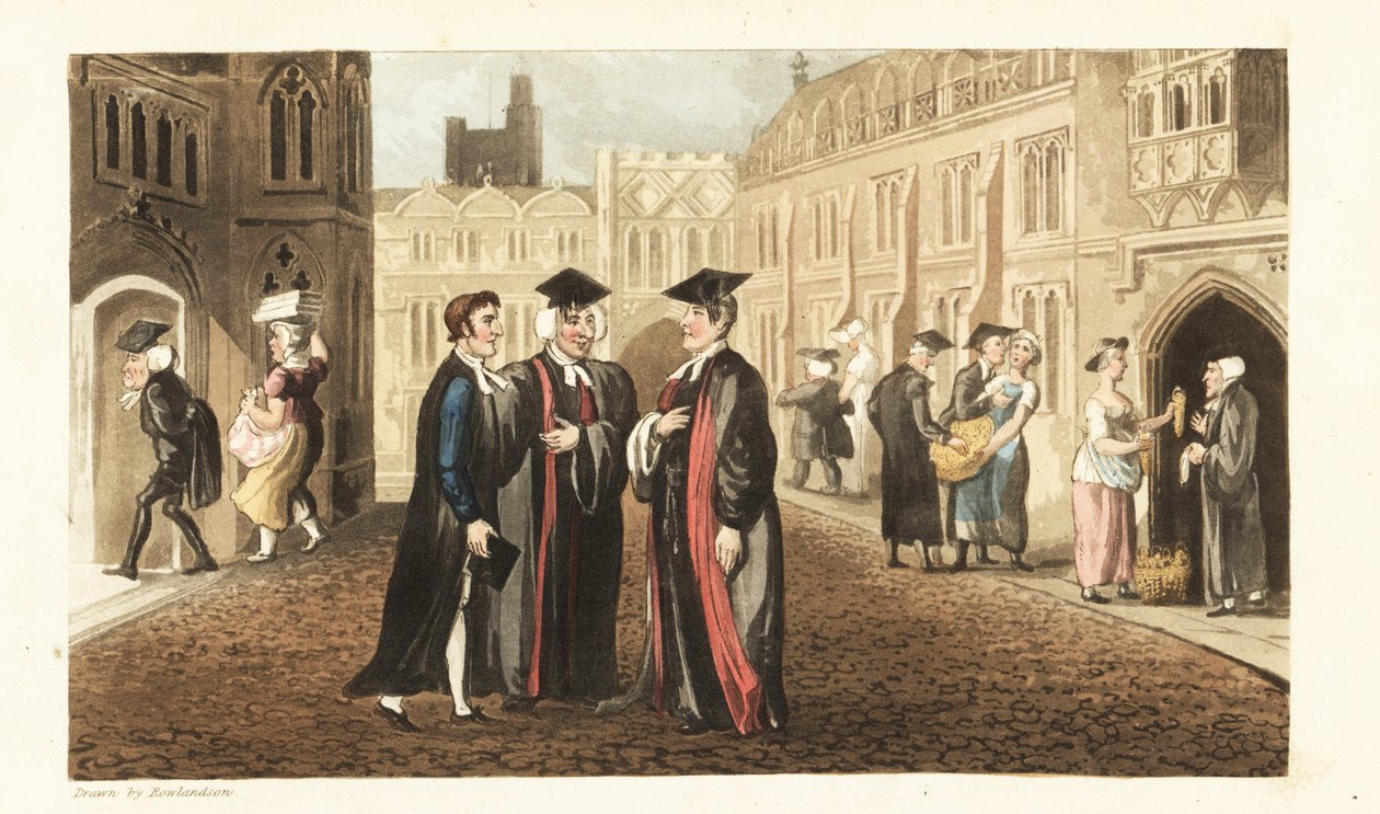 Johnny em túnicas conversando com os Dons da Universidade de Oxford, enquanto outros estudiosos e estudantes compram milho de merceeiros e criadas molestadas. Gravura em chapa de cobre colorida à mão por Thomas Rowlandson de The History of Johnny Quae Genu de Thomas Rowlandson
