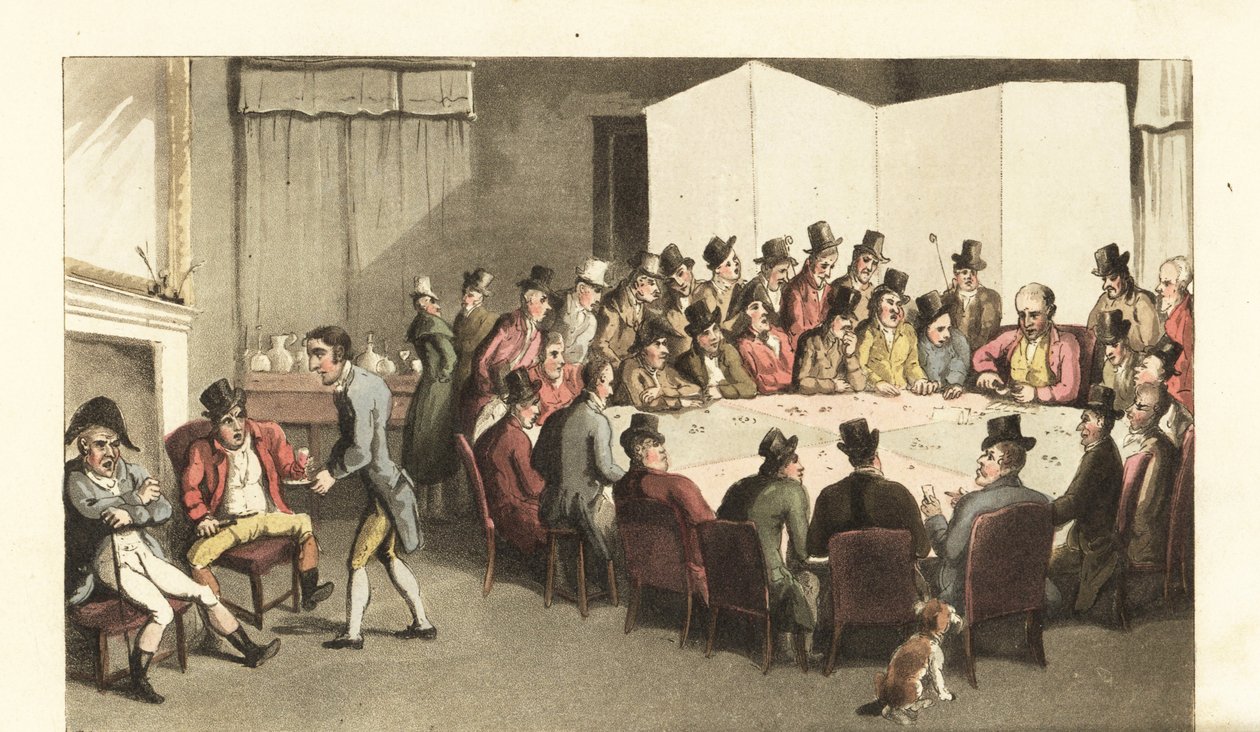 Johnny em serviço em um clube de cavalheiros, servindo vinho aos sócios enquanto outros jogam em jogos de cartas em uma grande mesa de jogo. Gravura em chapa de cobre colorida à mão por Thomas Rowlandson de The History of Johnny Quae Genus, o Pequeno Funda de Thomas Rowlandson