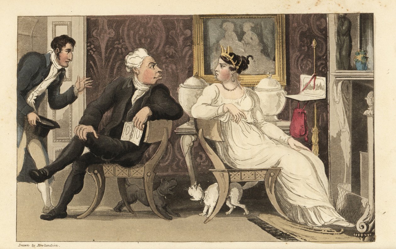 Johnny interrompe uma discussão entre convidados de uma festa numa sala de Regency. Gravura em chapa de cobre colorida à mão por Thomas Rowlandson de The History of Johnny Quae Genus de William Combe, o Pequeno Fundador da falecida Sintaxe do Doutor. de Thomas Rowlandson