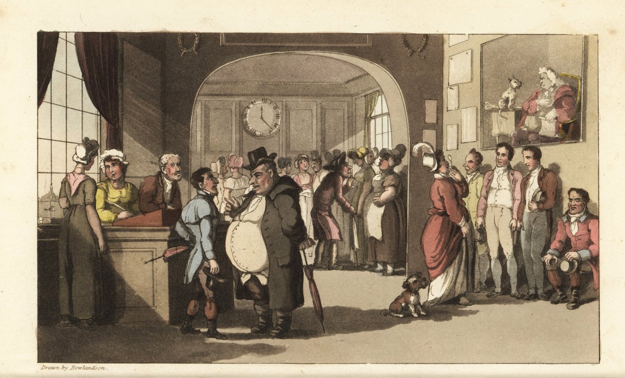 Johnny à procura de trabalho num cartório para empregados domésticos. Homens e mulheres com monóculos a examinar carregadores, empregadas domésticas e outro pessoal. Gravura em chapa de cobre colorida à mão por Thomas Rowlandson de The History of Johnny Qu de Thomas Rowlandson