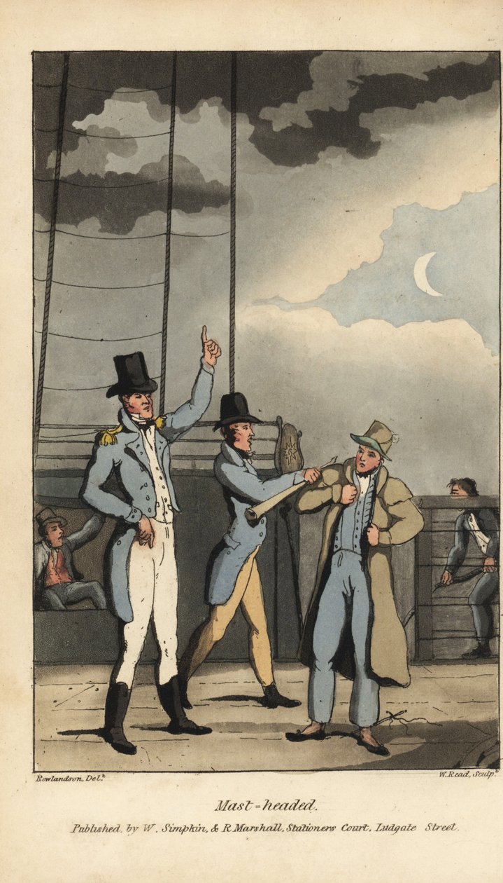 Johnny mastigado pelo Capitão. Ordenado para subir ao topo do mastro por perder um marinheiro em terra. Gravura em chapa de cobre colorida à mão por W. Leia depois de uma ilustração de Thomas Rowlandson de Alfred Burton
