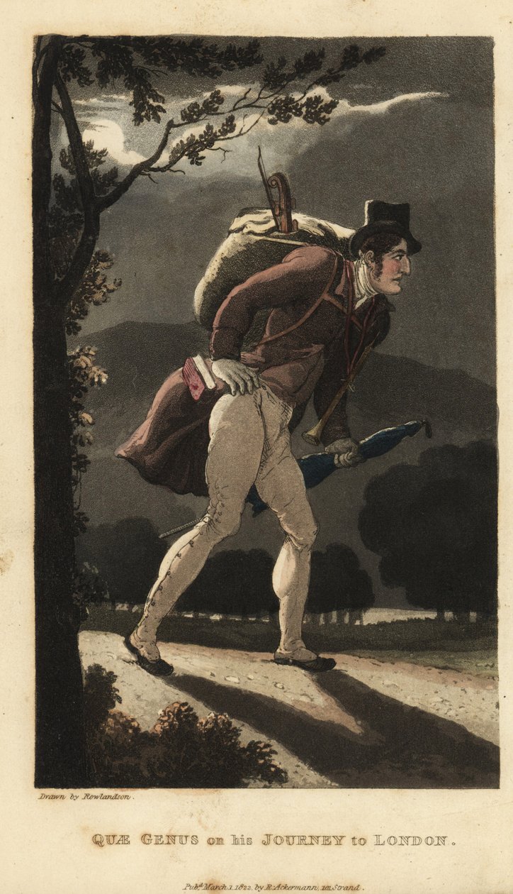Johnny a andar na estrada iluminada pela lua para Londres. Ele tem uma mochila com violino, um livro no bolso do casaco, e carrega um guarda-chuva. Gravura em chapa de cobre colorida à mão por Thomas Rowlandson de The History of Johnny Quae Genus, o Pequen de Thomas Rowlandson