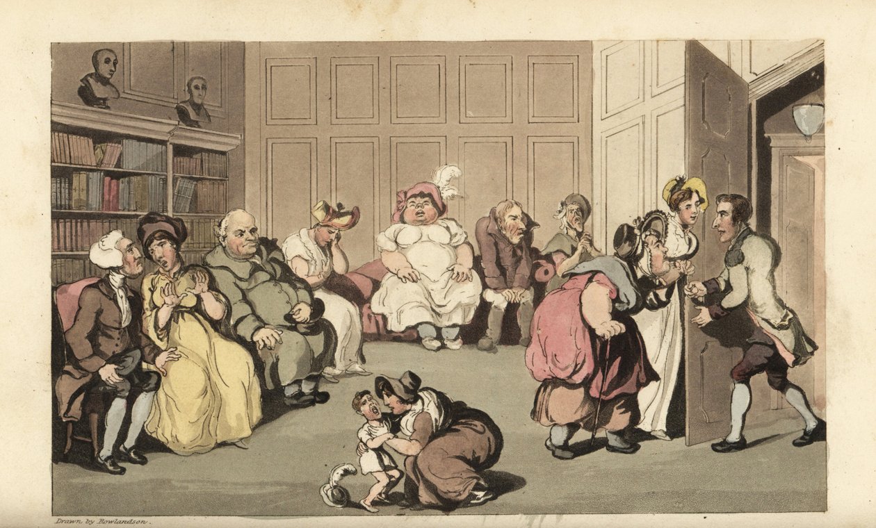 Johnny com outros pacientes na sala de espera do médico curandeiro Anodyne. Gravura em chapa de cobre colorida à mão por Thomas Rowlandson de The History of Johnny Quae Genus de William Combe, o Pequeno Fundador da falecida Sintaxe do Doutor. de Thomas Rowlandson