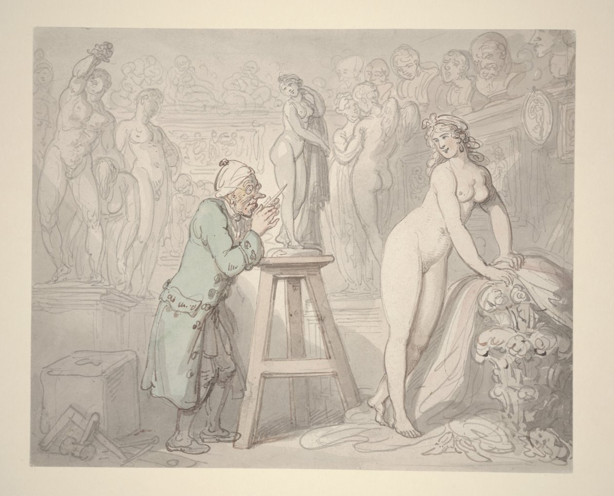 Joseph Nollekens em seu estúdio, c.1810 (lápis, tinta e aquarela sobre papel) de Thomas Rowlandson