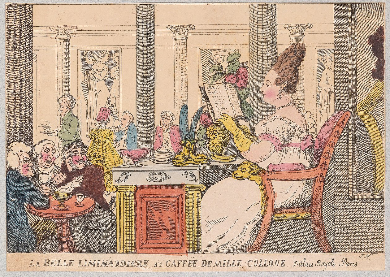 La Belle Liminaudiere no Caffee de Mille Collone, Palais Royal, Paris, pub. 1814 (gravura colorida à mão) de Thomas Rowlandson