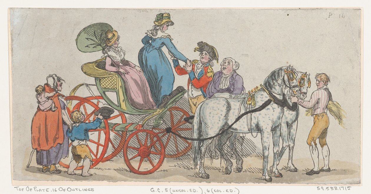 Senhoras Saindo de uma Carruagem da Placa 16, Esboços de Figuras, Paisagens a..., 1º de junho de 1790. de Thomas Rowlandson