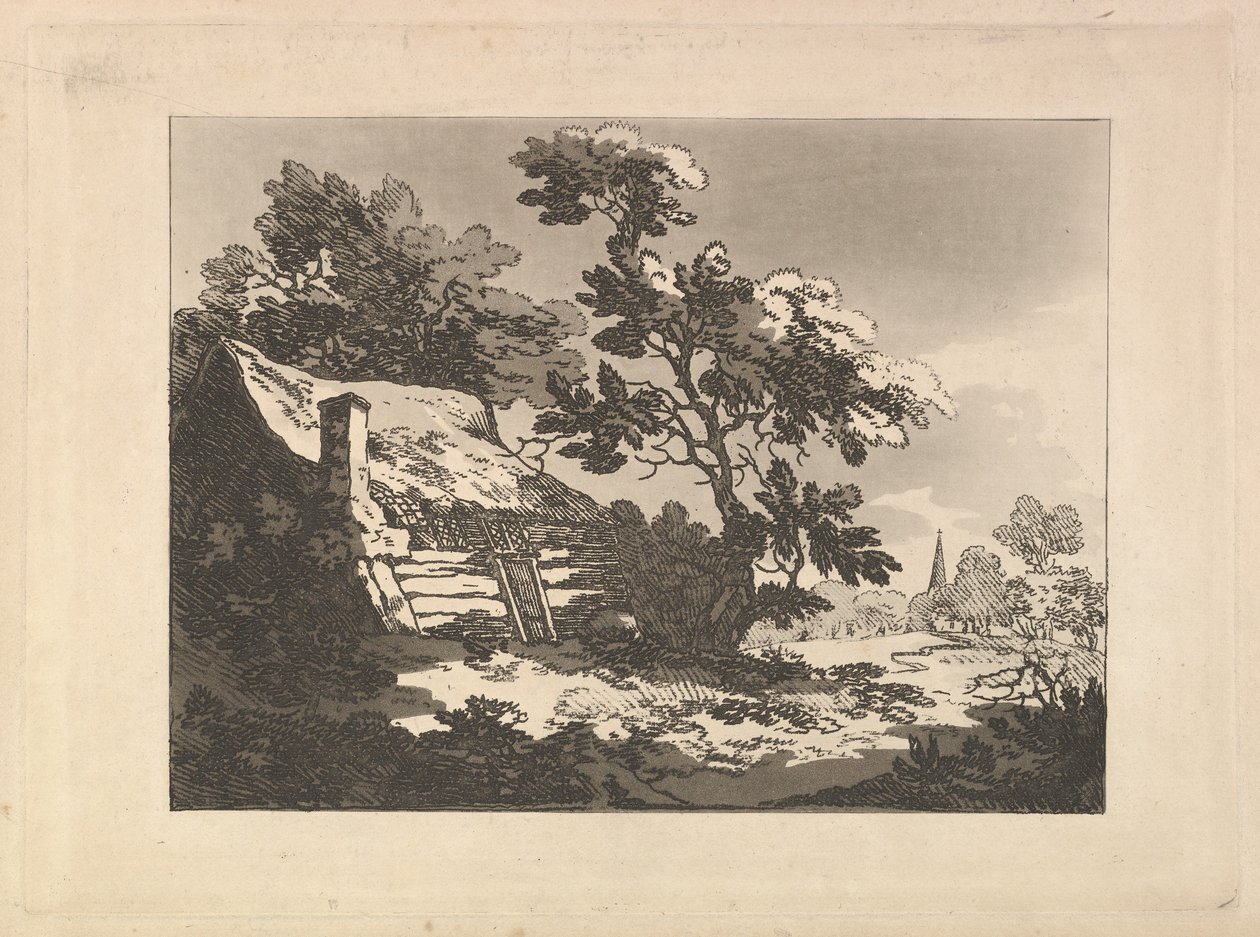 Paisagem com uma cabana entre as árvores à esquerda e a torre de uma igreja ao longe à direita de Thomas Rowlandson