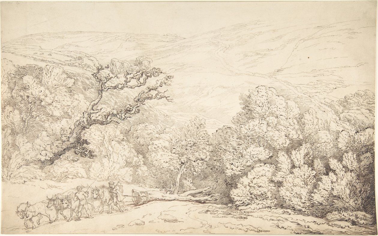 Paisagem com bois e uma árvore abatida de Thomas Rowlandson