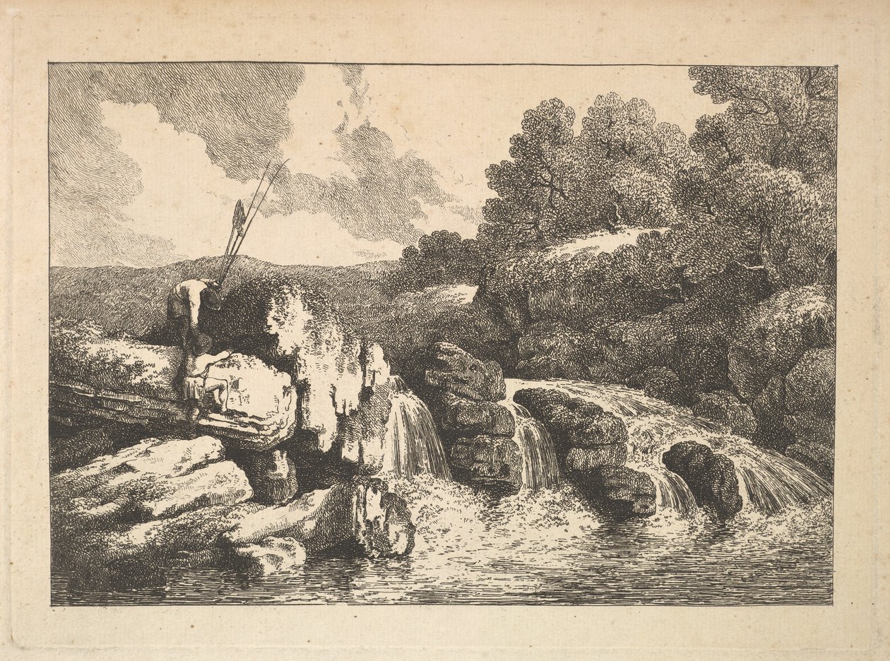 Paisagem com dois pescadores que escalam rochas ao lado de uma cachoeira, 1784-88. de Thomas Rowlandson