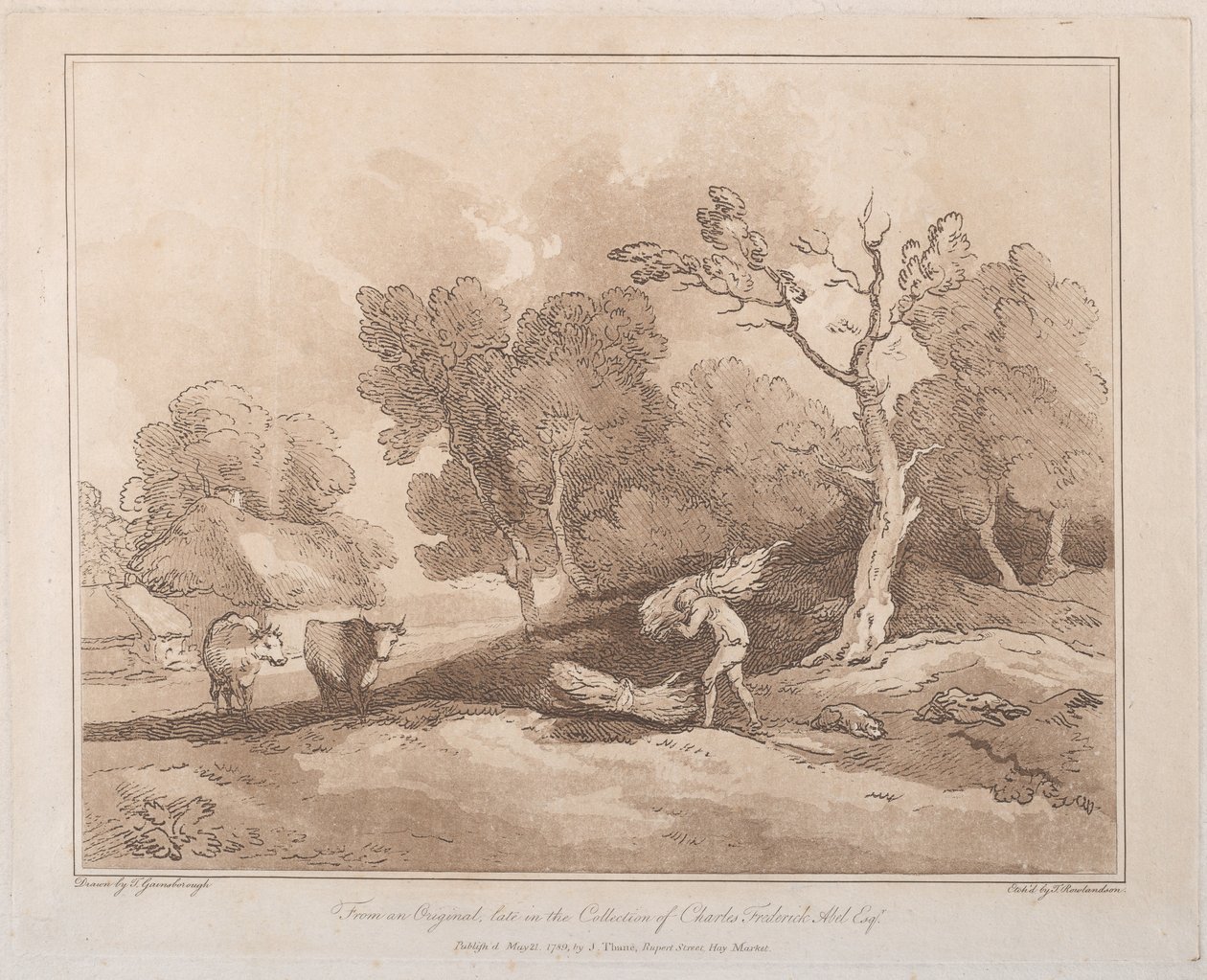 Paisagem com uma figura carregando um feixe de galhos, um coice atrás, duas vacas em..., 21 de maio de 1789. de Thomas Rowlandson