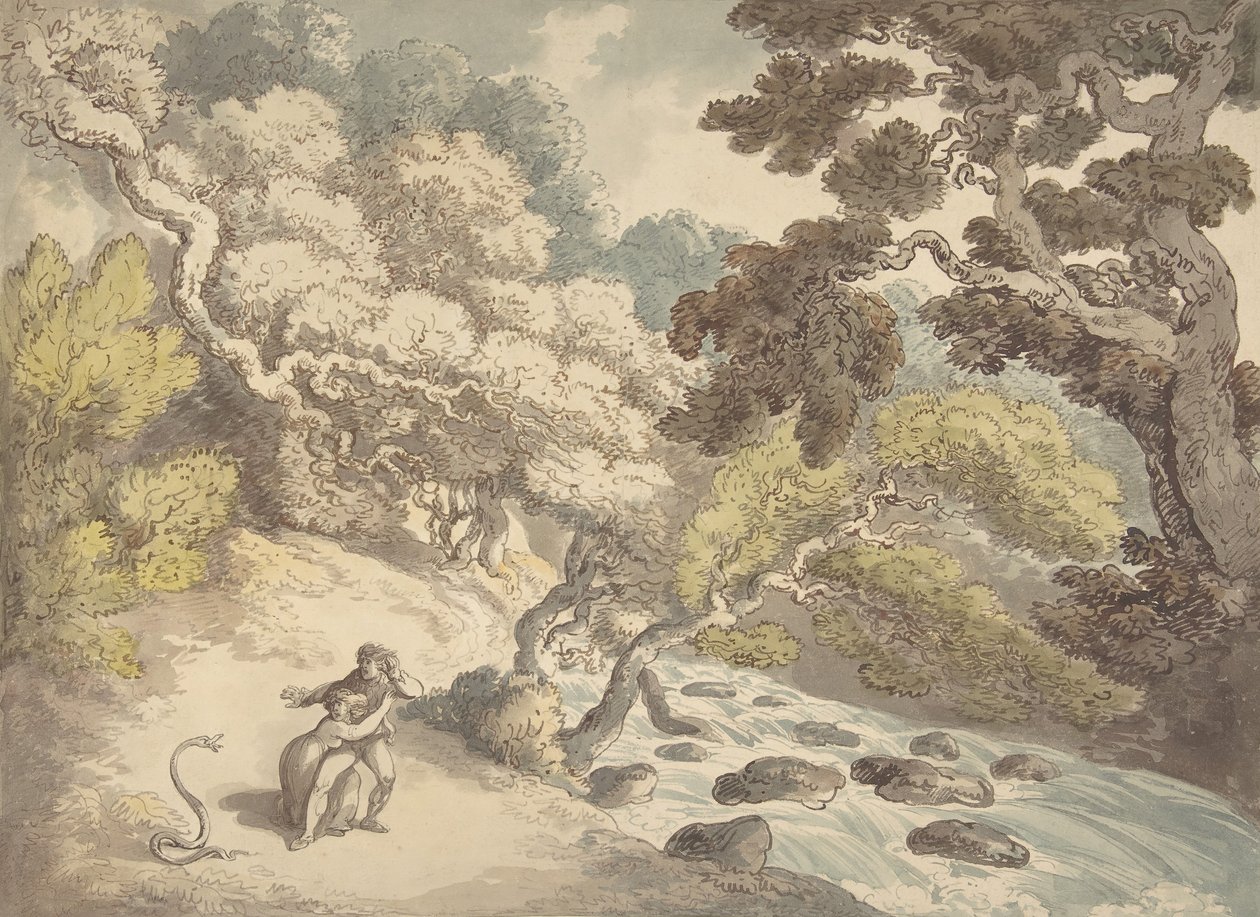 Paisagem com riacho impetuoso e um casal na margem, assustado por uma cobra, 1775-1827. de Thomas Rowlandson