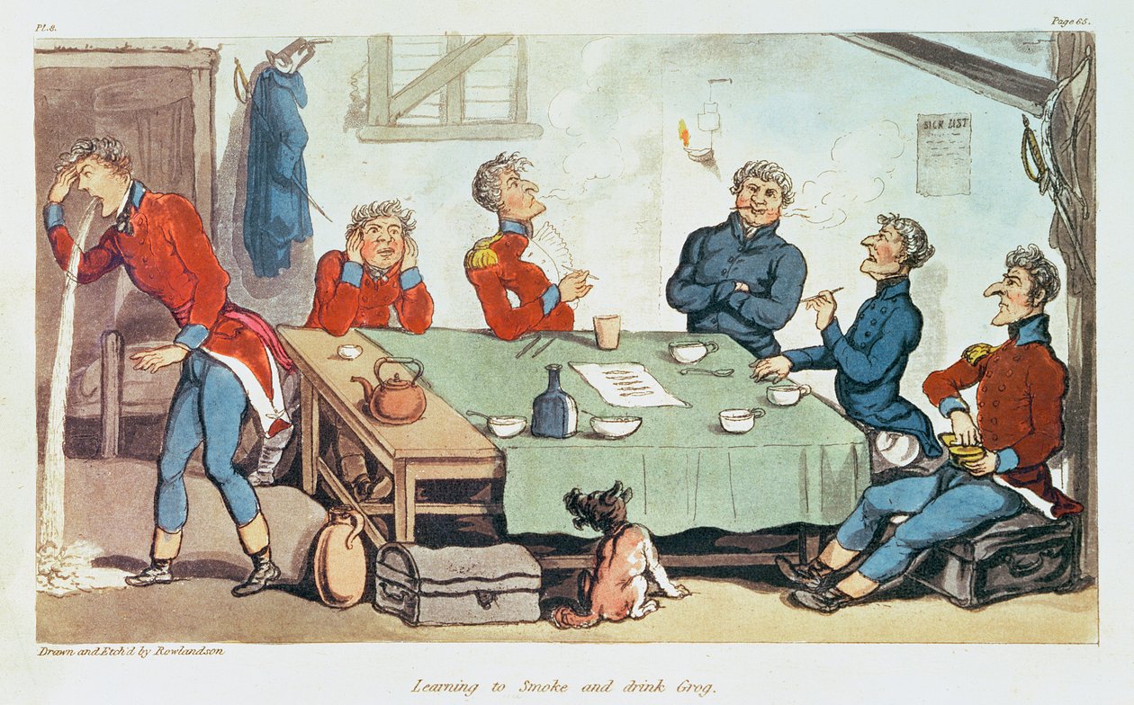 Aprendendo a fumar e beber grogue. 1815 de Thomas Rowlandson