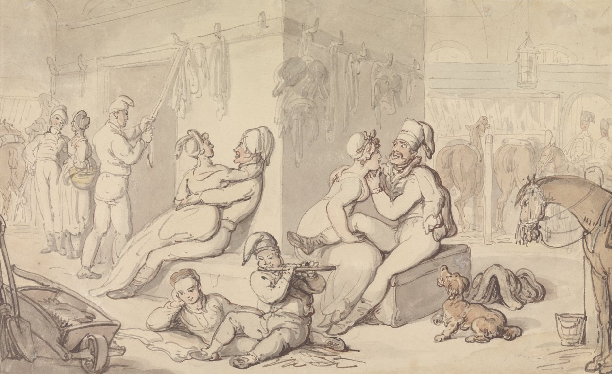 Quartel de Cavalaria para Cavalos Leves (aquarela e caneta e tinta no papel) de Thomas Rowlandson