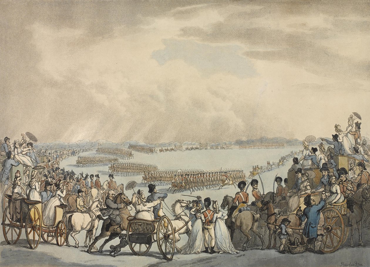Voluntários do Cavalo Leve de Londres e Westminster, comandados pelo coronel Herries, revisado por Sua Majestade em Wimbledon Common, 5 de julho de 1798 (aquatinta colorida) de Thomas Rowlandson