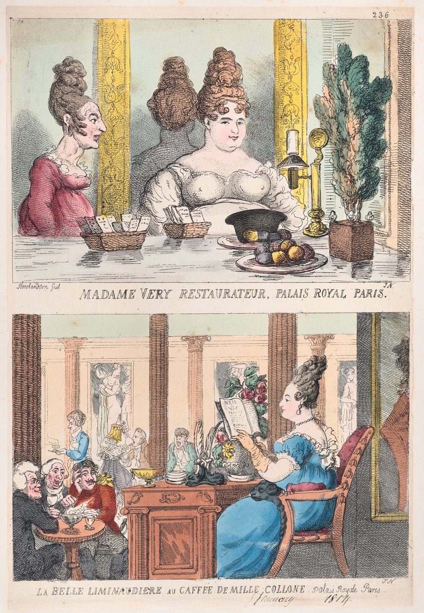 Madame Very Restauranteur, Palais Royal Paris e La Belle Liminaudiere no Caffee De Mille..., 1814. de Thomas Rowlandson