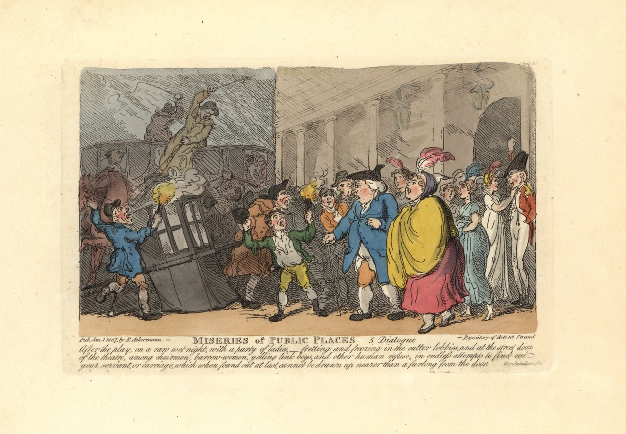Homem e senhora à procura de uma carruagem na multidão, à chuva. de Thomas Rowlandson