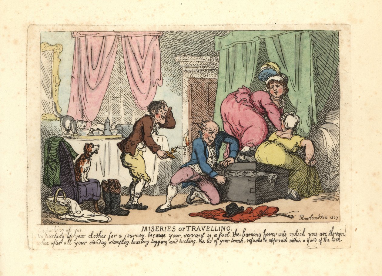 Homem e duas mulheres a não fecharem um baú cheio. de Thomas Rowlandson