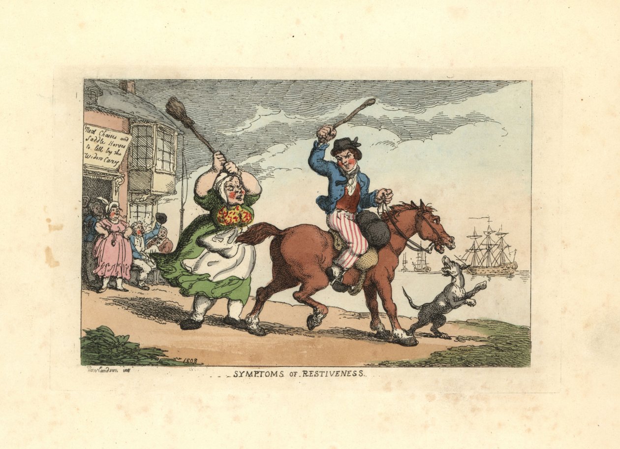 Homem a bater num cavalo teimoso com um cacete, enquanto o dono Wido de Thomas Rowlandson