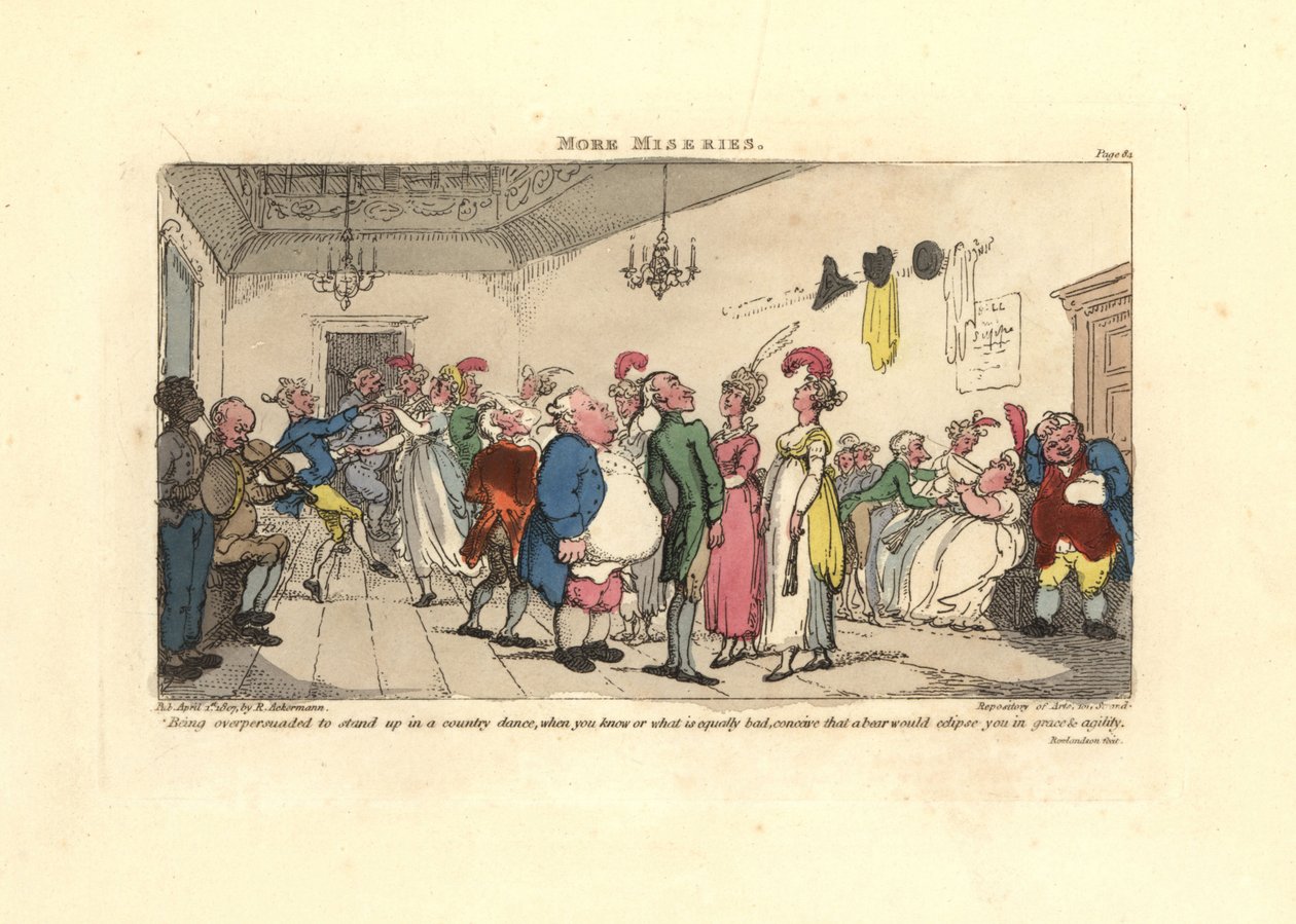 O homem tem vergonha de ser obrigado a dançar num baile campestre. de Thomas Rowlandson