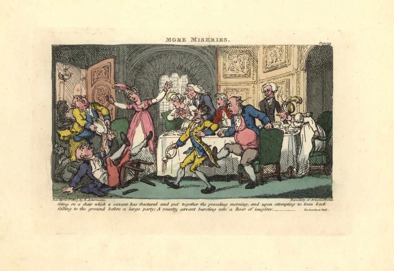 Homem a cair de uma cadeira partida num jantar. de Thomas Rowlandson