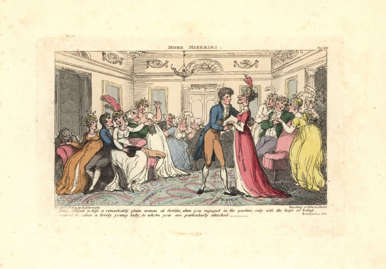 Homem forçado a beijar uma mulher feia numa festa de dança. de Thomas Rowlandson