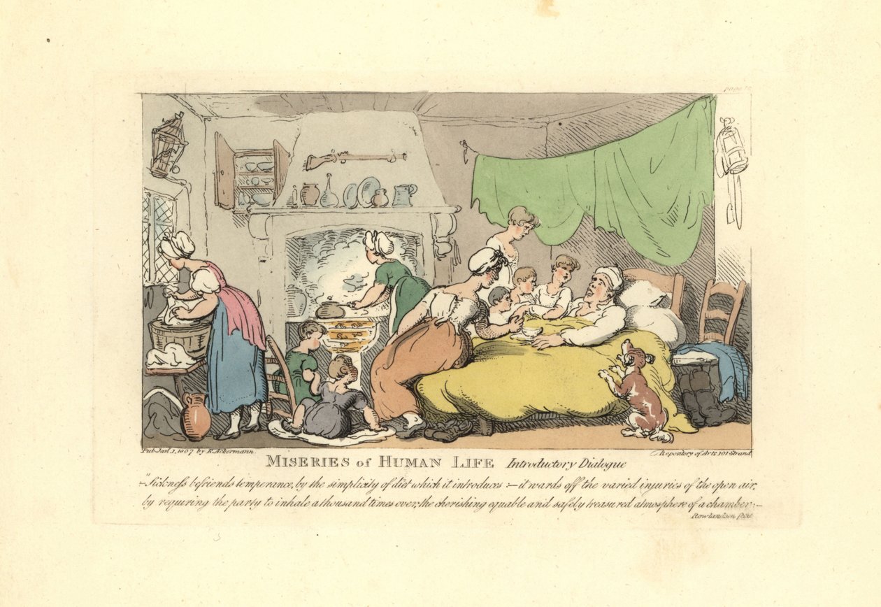 O homem na sua cama doente rodeado de mulher, filhos e correio. de Thomas Rowlandson