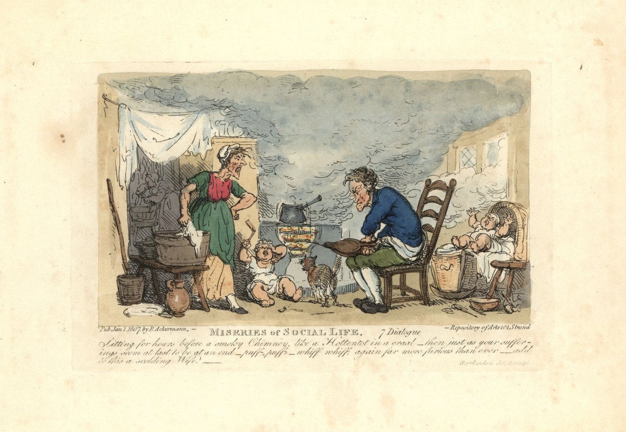 Homem a usar foles em frente a uma fogueira numa sala de fumo. de Thomas Rowlandson