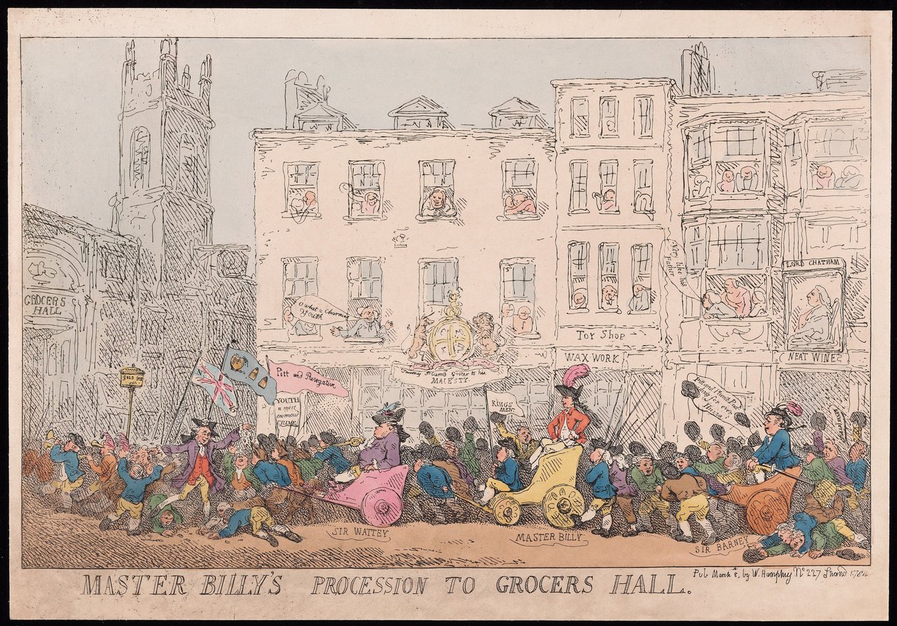 Procissão de mestre Billys para loja de conveniência, pub. 1784 (gravura colorida à mão) de Thomas Rowlandson