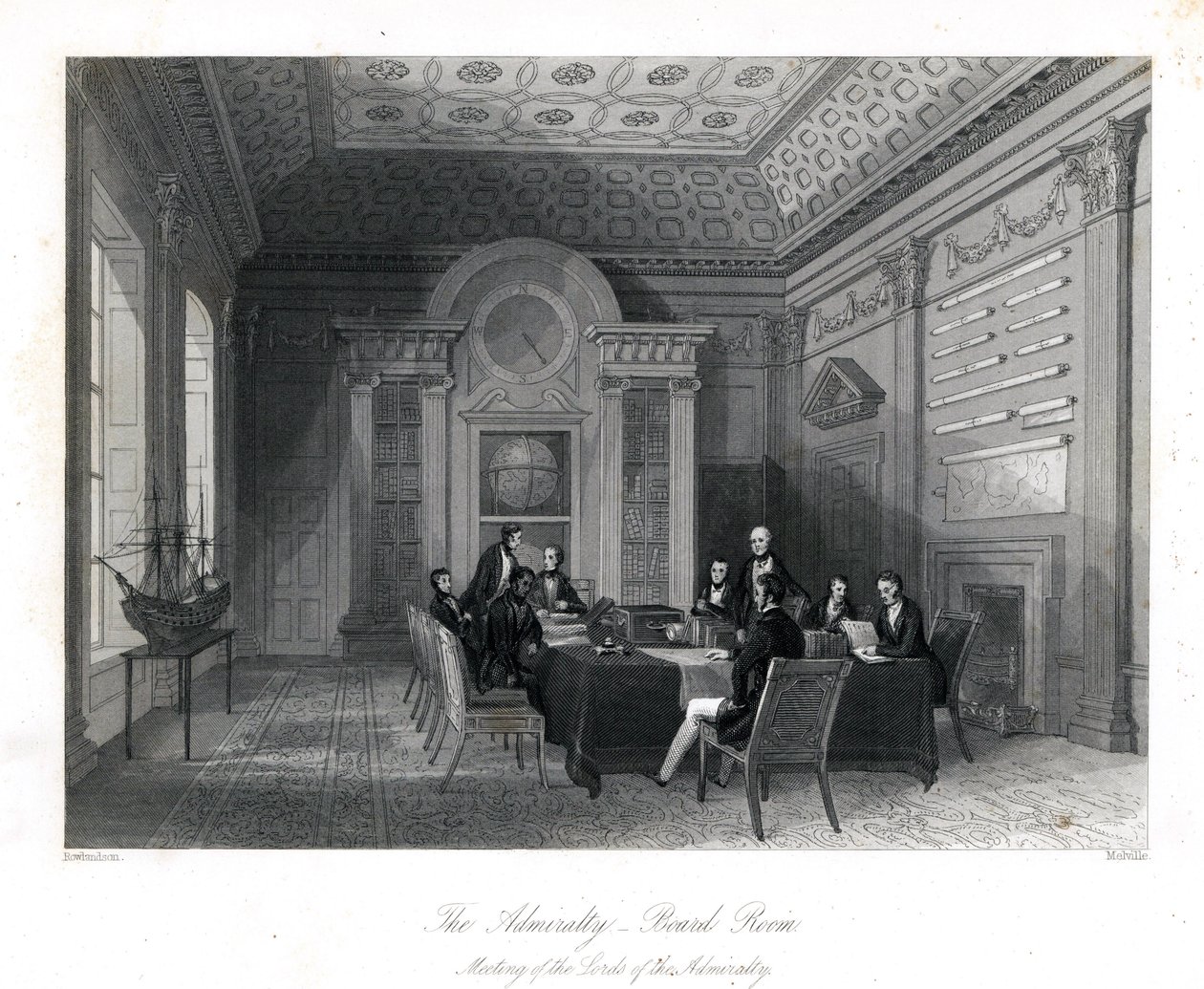 Reunião dos Lordes do Almirantado na Sala do Conselho, Almirantado. Gravura em aço de Henry Melville depois de uma ilustração de Thomas Rowlandson de Londres Interiores, Seus trajes e Cerimônias, Joshua Mead, Londres de Thomas Rowlandson