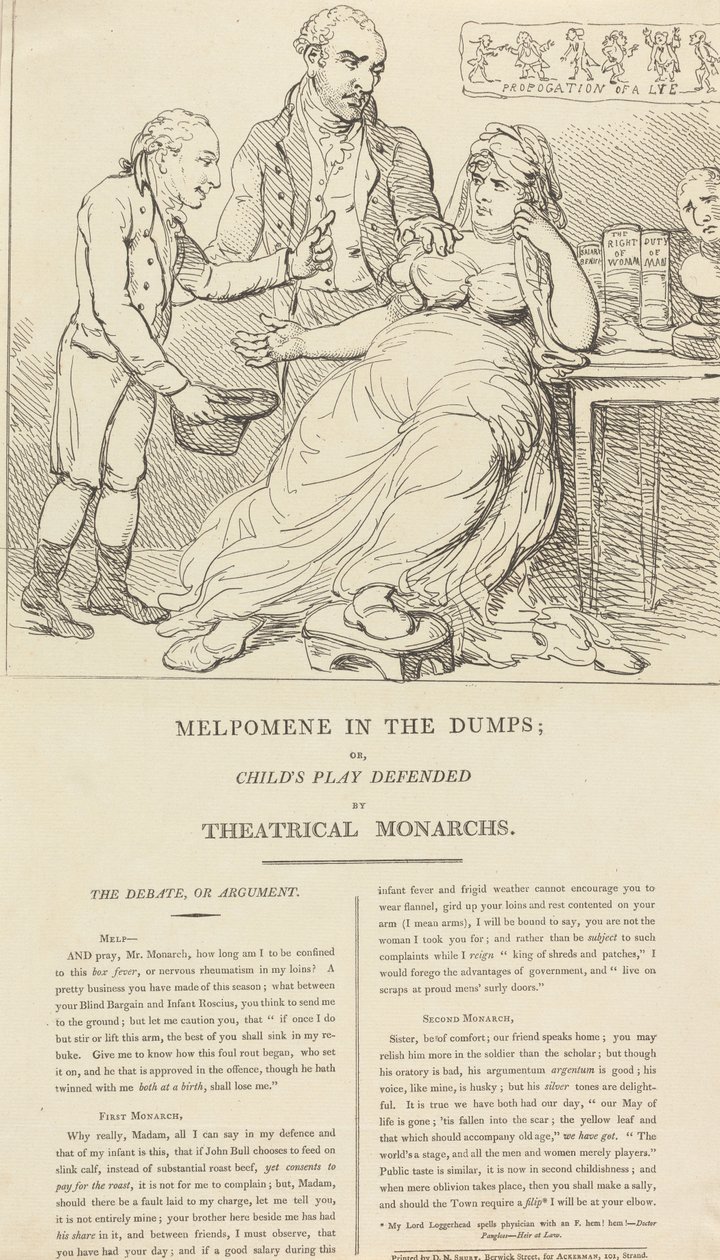 Melpómene em baixo; ou, As brincadeiras infantis defendidas pelos monarcas do teatro de Thomas Rowlandson