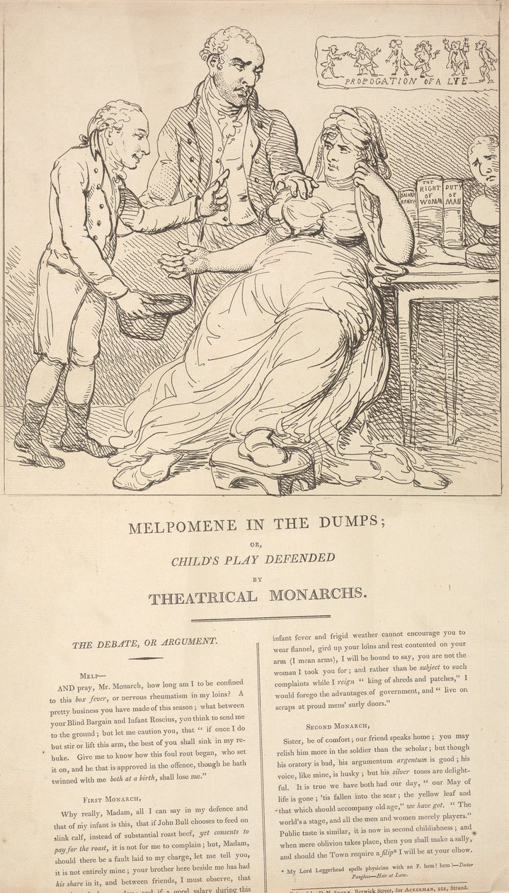 Melpómene em Baixa; ou, As Brincadeiras de Criança Defendidas pelos Monarcas do Teatro de Thomas Rowlandson