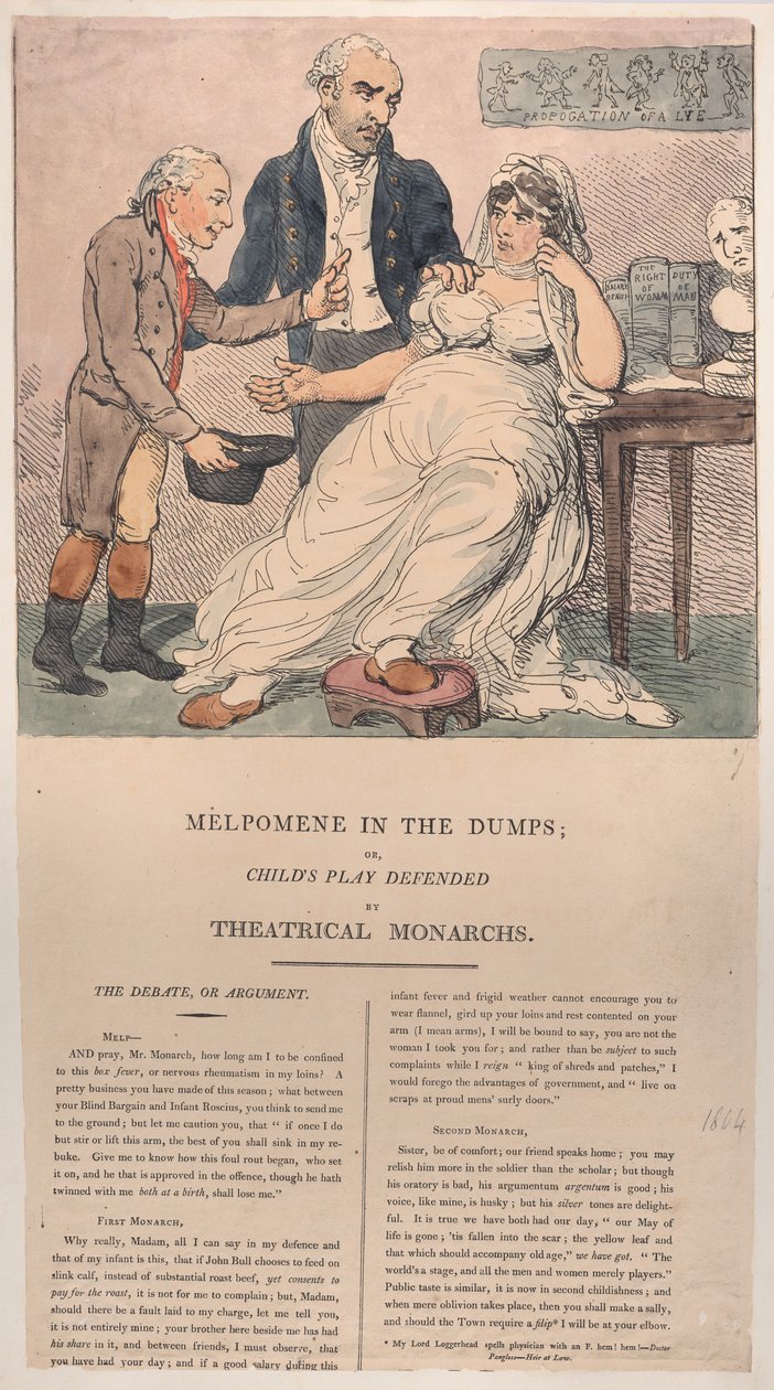 Melpomene nos lixões, ou brincadeira de criança defendida por monarcas teatrais, 1804., 1804. de Thomas Rowlandson