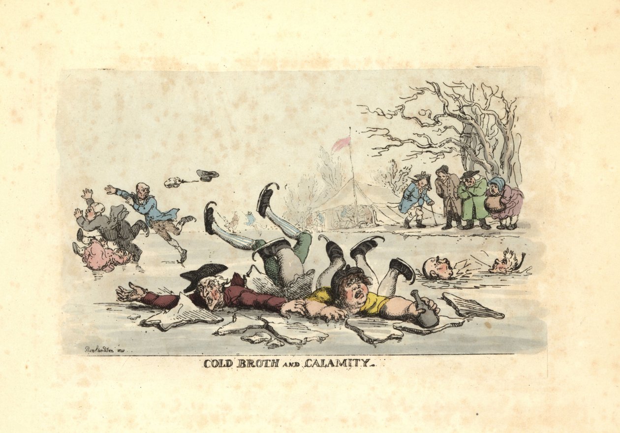 Homens e mulheres patinando em gelo fino e caindo em um ri gelado de Thomas Rowlandson