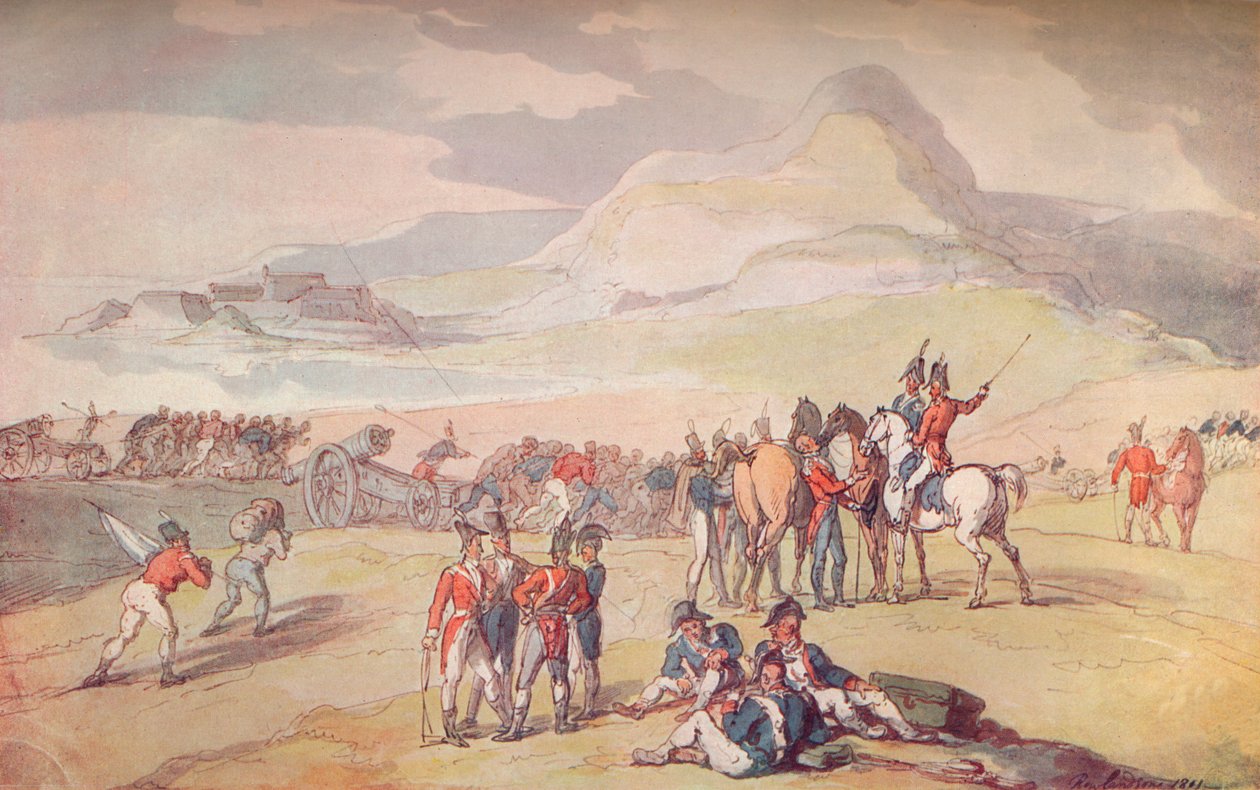 Cena militar: tropas de desembarque e armas de fogo, 1801. 1914 de Thomas Rowlandson